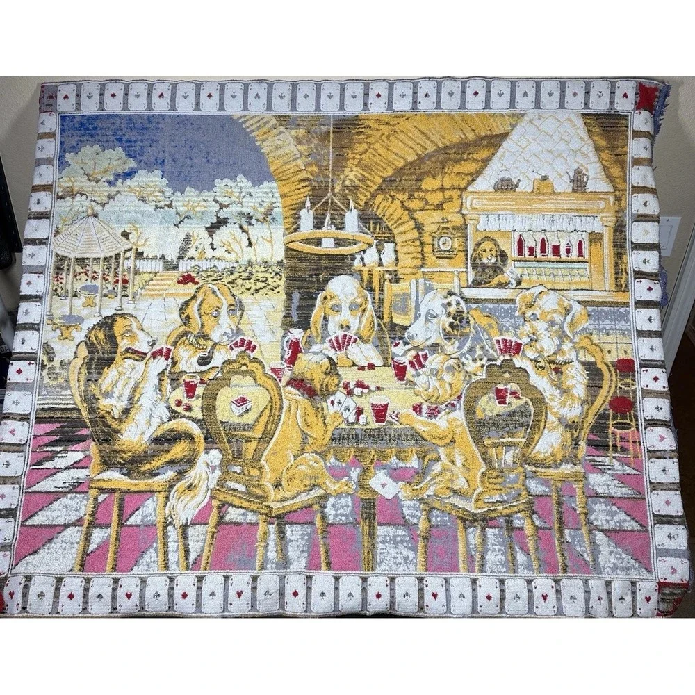 Vintage Dogs Playing Poker Tapestry Blanket Throw Cards Bar Scene 57x46 Vtg